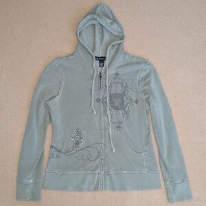INC International Concepts Y2K Sage Green Edgy Ornate Rhinestone Graphic Hoodie